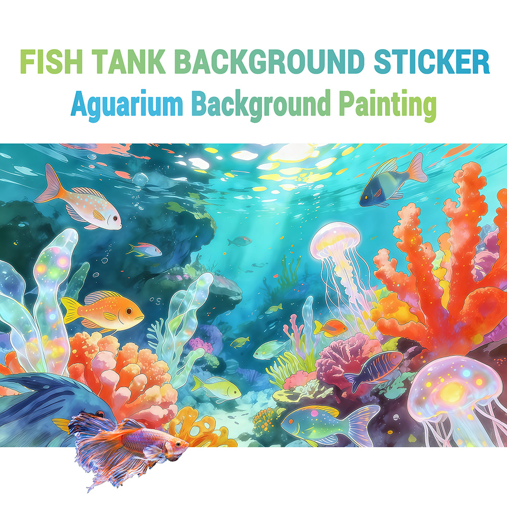 Aquarium Fish World - พื้นหลังตู้ปลา, ฉากหลังสำหรับตู้ปลา, โลกใต้ทะเลการ์ตูน, ของตกแต่งตู้ปลา, สติกเกอร์แบน 2D