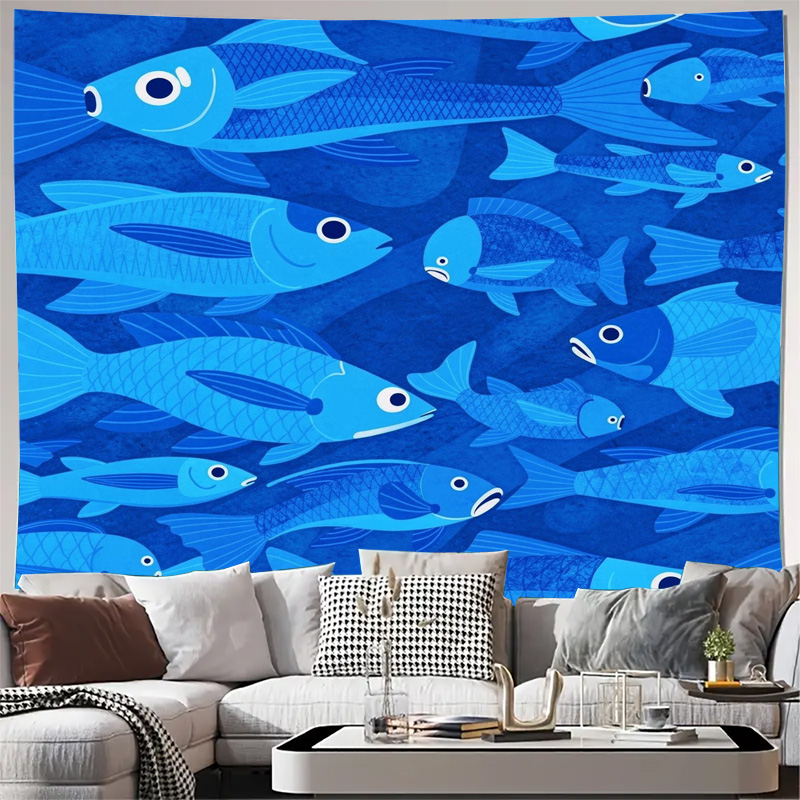 Aquarium Fish Home - พรมลายปลาทะเล ลายมหาสมุทร สีฟ้า ตกแต่งผนังห้องน้ำ ตกแต่งบ้าน งานศิลปะพิมพ์ลาย